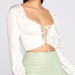 White Satin Lace-Up Balloon Sleeve Crop Top Ruched Front Tie Up Top Size S